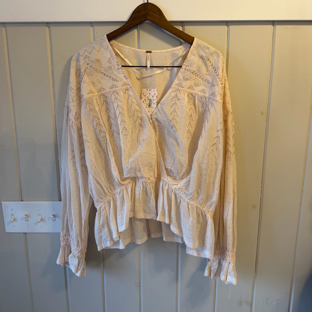 Nwt Free People Cream Sparkly Patterned V-Neck Blouse, Size Large